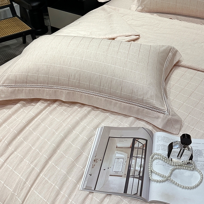 91家纺网 家纺一手货源 找家纺 欧夏 2026新款莱赛尔亚麻天丝麻方格提花镂空夏被空调被夏凉被夏季薄被子直播供货外贸（独立手提袋包装） 美玉粉