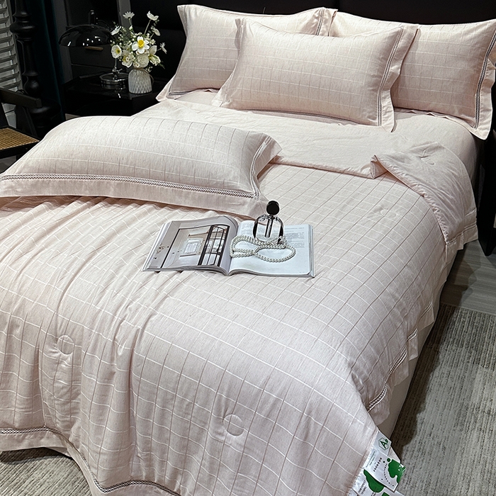 91家纺网 家纺一手货源 找家纺 欧夏 2026新款莱赛尔亚麻天丝麻方格提花镂空夏被空调被夏凉被夏季薄被子直播供货外贸（独立手提袋包装） 美玉粉