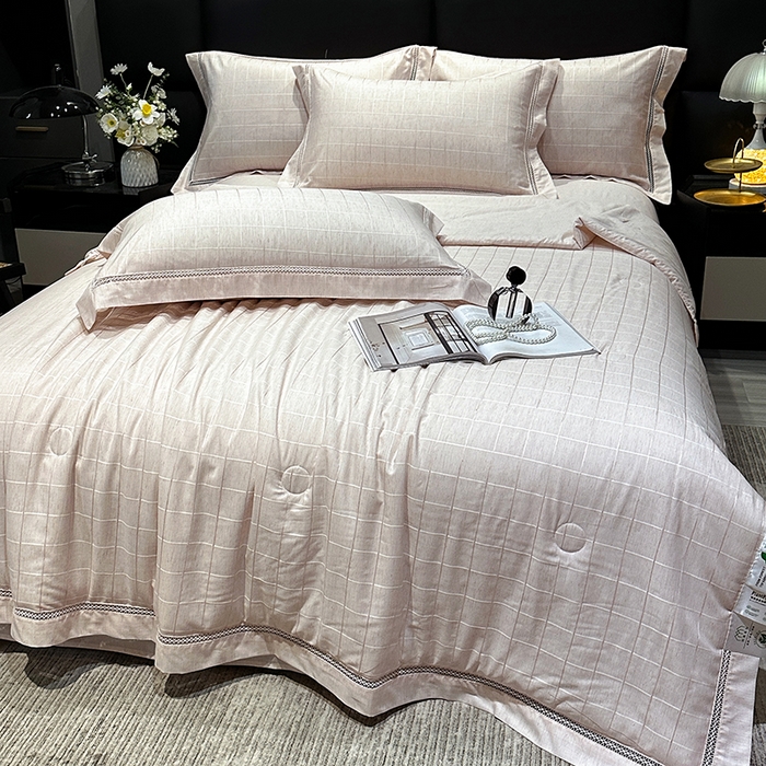 91家纺网 家纺一手货源 找家纺 欧夏 2026新款莱赛尔亚麻天丝麻方格提花镂空夏被空调被夏凉被夏季薄被子直播供货外贸（独立手提袋包装） 美玉粉