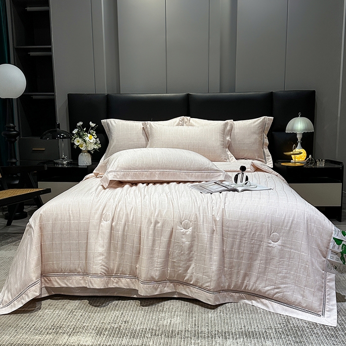 91家纺网 家纺一手货源 找家纺 欧夏 2026新款莱赛尔亚麻天丝麻方格提花镂空夏被空调被夏凉被夏季薄被子直播供货外贸（独立手提袋包装） 美玉粉