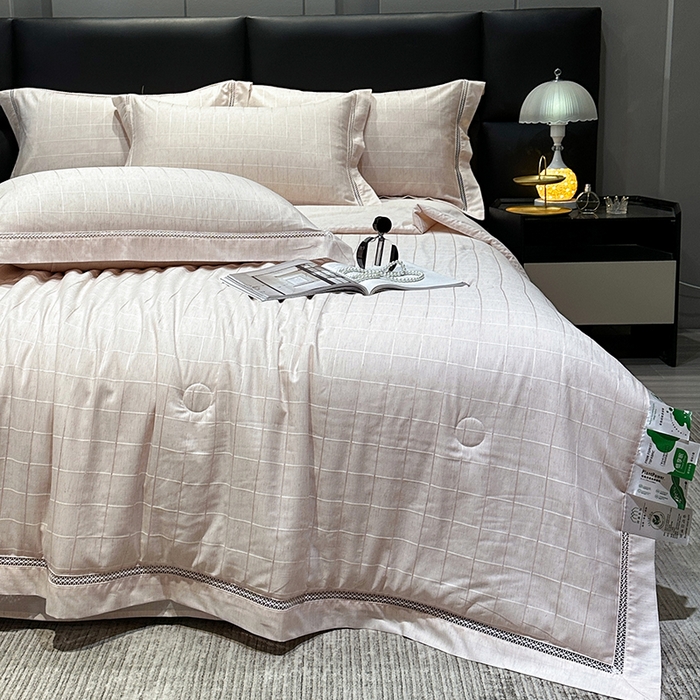 91家纺网 家纺一手货源 找家纺 欧夏 2026新款莱赛尔亚麻天丝麻方格提花镂空夏被空调被夏凉被夏季薄被子直播供货外贸（独立手提袋包装） 美玉粉
