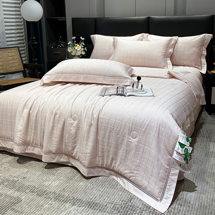91家纺网 家纺一手货源 找家纺 欧夏 2026新款莱赛尔亚麻天丝麻方格提花镂空夏被空调被夏凉被夏季薄被子直播供货外贸（独立手提袋包装） 美玉粉