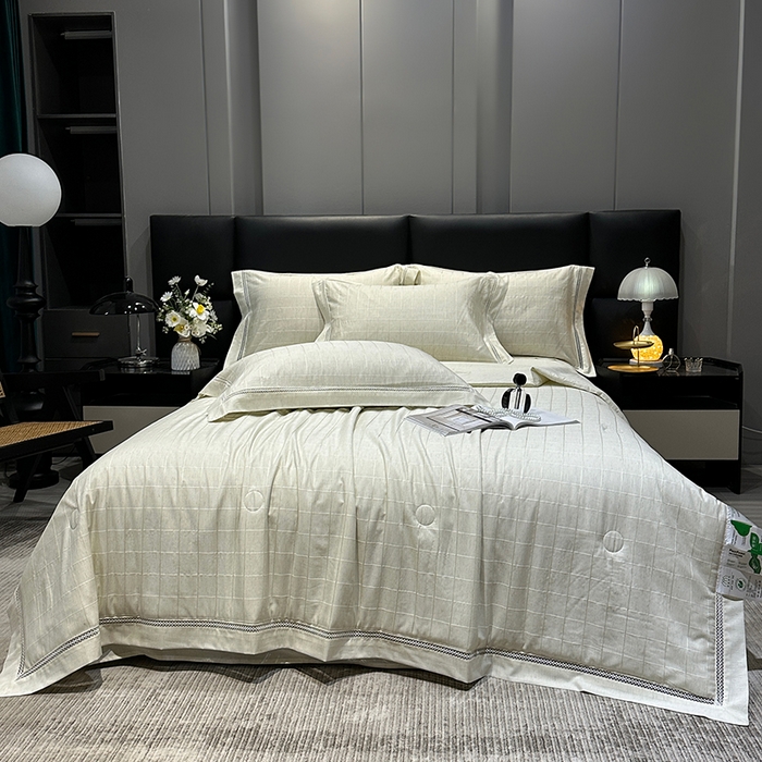 91家纺网 家纺一手货源 找家纺 欧夏 2026新款莱赛尔亚麻天丝麻方格提花镂空夏被空调被夏凉被夏季薄被子直播供货外贸（独立手提袋包装） 清新绿