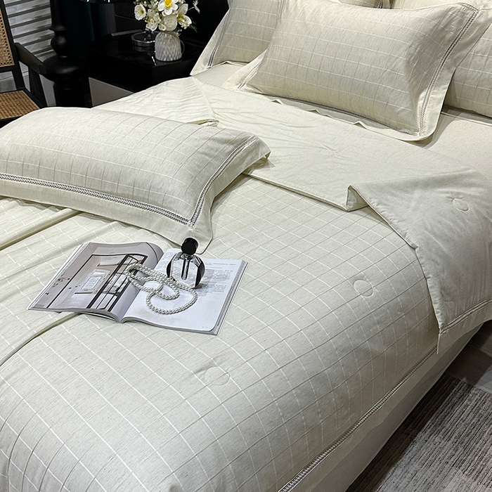 91家纺网 家纺一手货源 找家纺 欧夏 2026新款莱赛尔亚麻天丝麻方格提花镂空夏被空调被夏凉被夏季薄被子直播供货外贸（独立手提袋包装） 清新绿