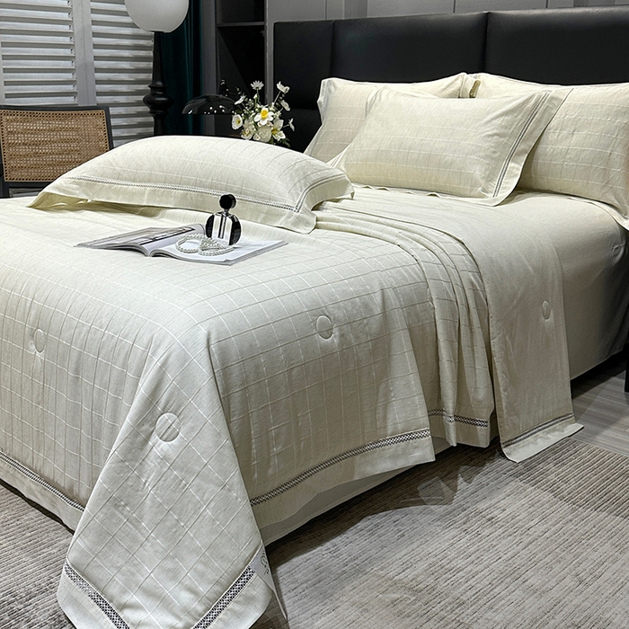 91家纺网 家纺一手货源 找家纺 欧夏 2026新款莱赛尔亚麻天丝麻方格提花镂空夏被空调被夏凉被夏季薄被子直播供货外贸（独立手提袋包装） 清新绿