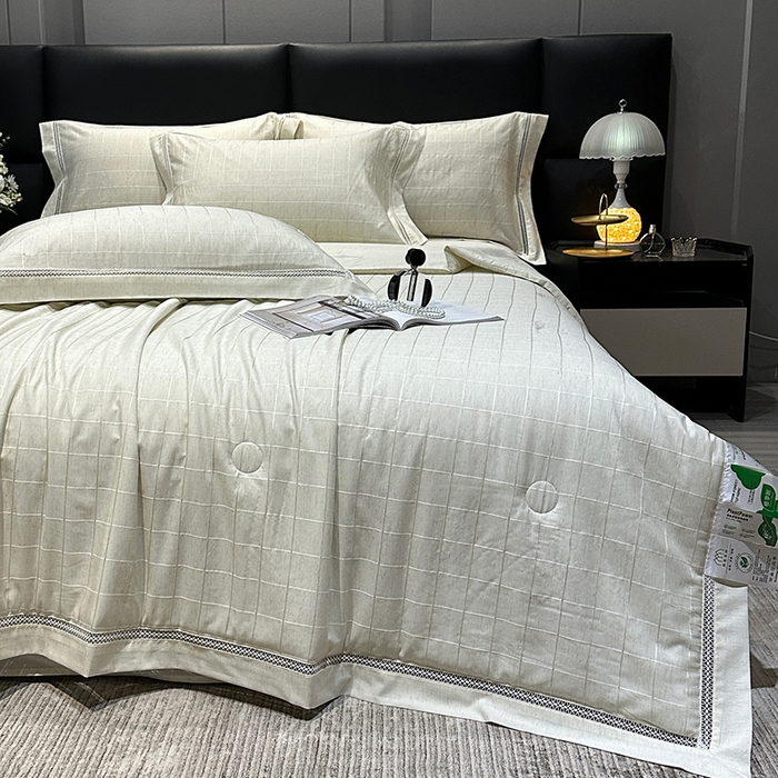 91家纺网 家纺一手货源 找家纺 欧夏 2026新款莱赛尔亚麻天丝麻方格提花镂空夏被空调被夏凉被夏季薄被子直播供货外贸（独立手提袋包装） 清新绿