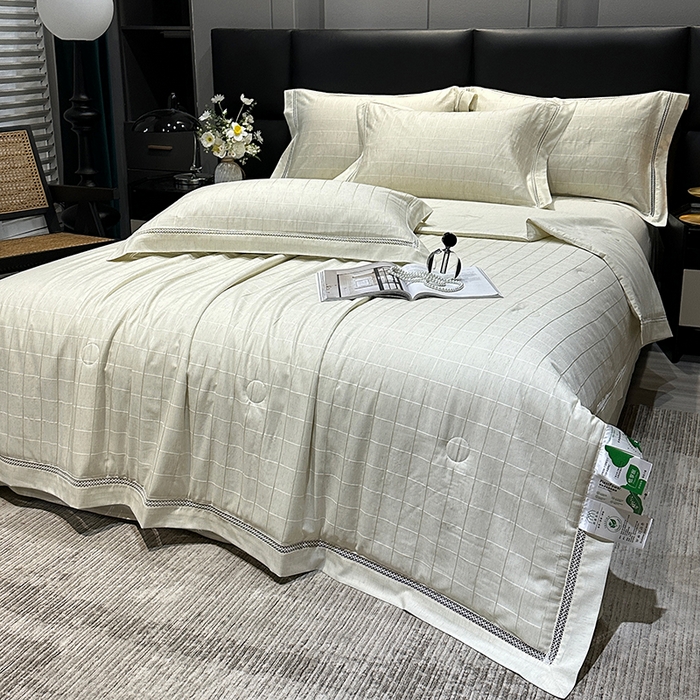 91家纺网 家纺一手货源 找家纺 欧夏 2026新款莱赛尔亚麻天丝麻方格提花镂空夏被空调被夏凉被夏季薄被子直播供货外贸（独立手提袋包装） 清新绿