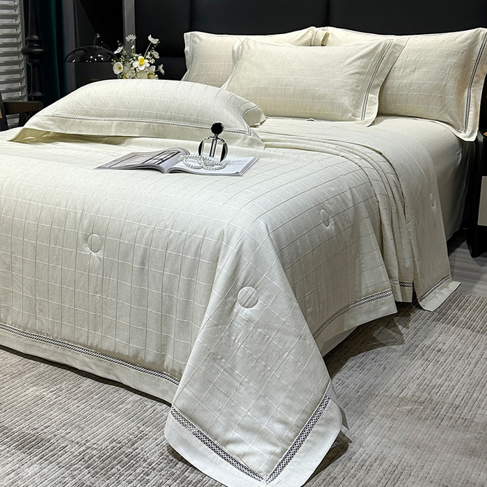 91家纺网 家纺一手货源 找家纺 欧夏 2026新款莱赛尔亚麻天丝麻方格提花镂空夏被空调被夏凉被夏季薄被子直播供货外贸（独立手提袋包装） 清新绿