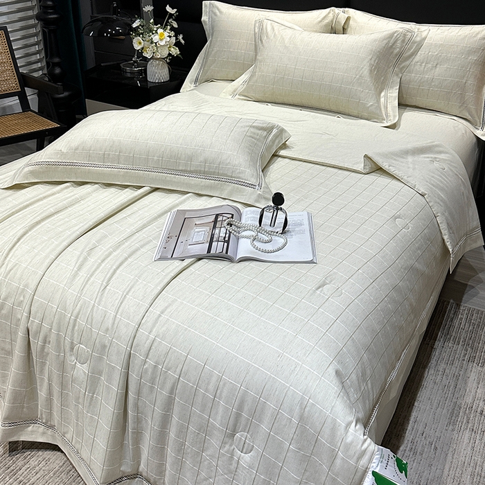 91家纺网 家纺一手货源 找家纺 欧夏 2026新款莱赛尔亚麻天丝麻方格提花镂空夏被空调被夏凉被夏季薄被子直播供货外贸（独立手提袋包装） 清新绿