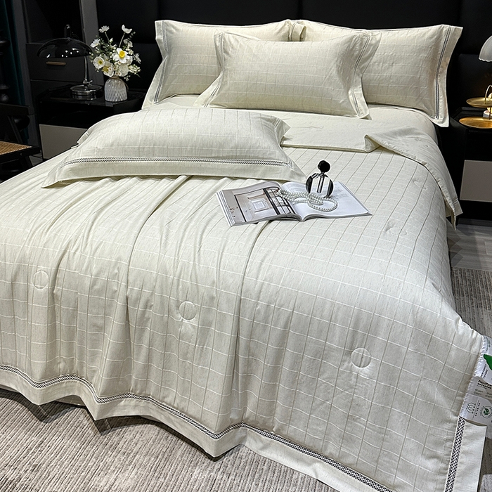 91家纺网 家纺一手货源 找家纺 欧夏 2026新款莱赛尔亚麻天丝麻方格提花镂空夏被空调被夏凉被夏季薄被子直播供货外贸（独立手提袋包装） 清新绿