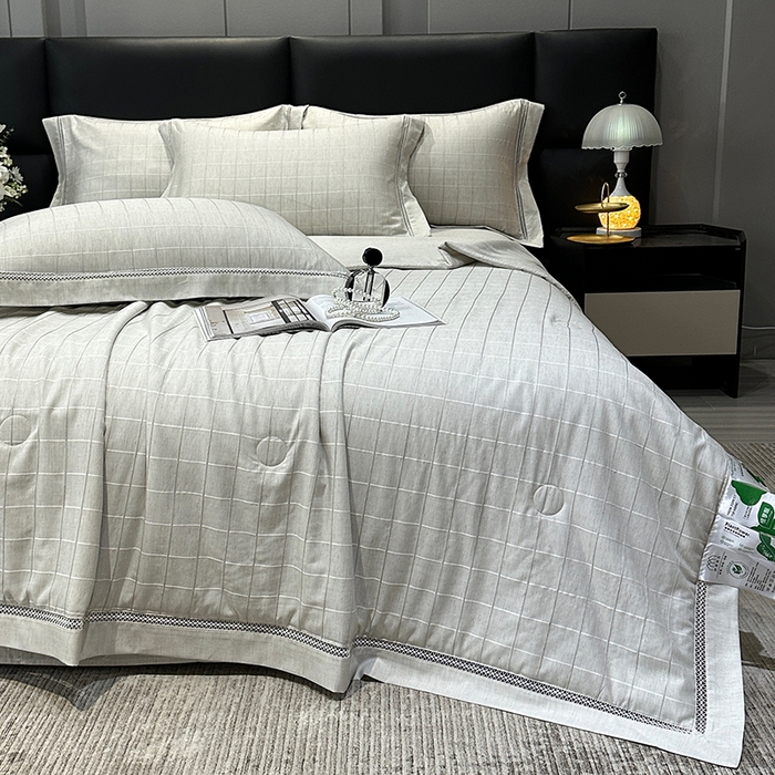 91家纺网 家纺一手货源 找家纺 欧夏 2026新款莱赛尔亚麻天丝麻方格提花镂空夏被空调被夏凉被夏季薄被子直播供货外贸（独立手提袋包装） 绅士灰