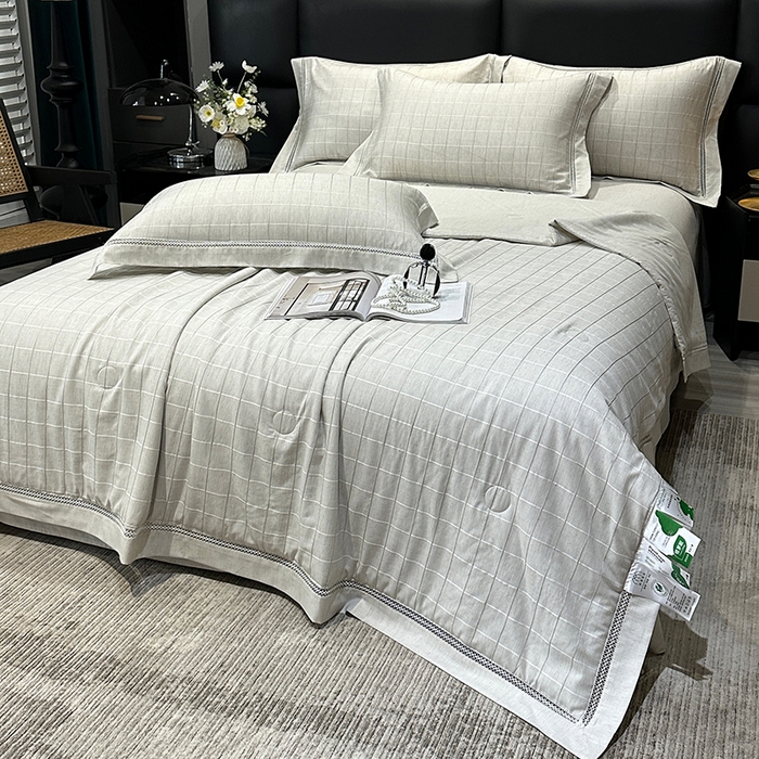 91家纺网 家纺一手货源 找家纺 欧夏 2026新款莱赛尔亚麻天丝麻方格提花镂空夏被空调被夏凉被夏季薄被子直播供货外贸（独立手提袋包装） 绅士灰