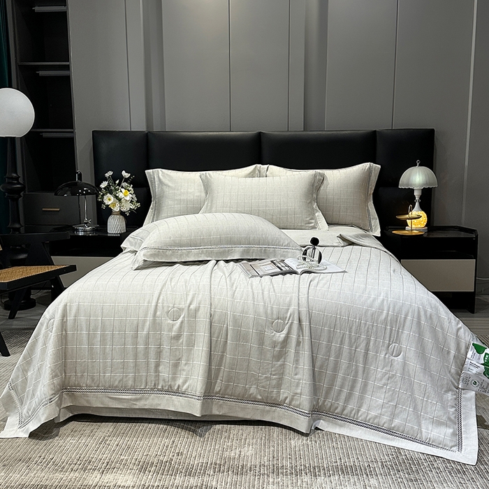 91家纺网 家纺一手货源 找家纺 欧夏 2026新款莱赛尔亚麻天丝麻方格提花镂空夏被空调被夏凉被夏季薄被子直播供货外贸（独立手提袋包装） 绅士灰