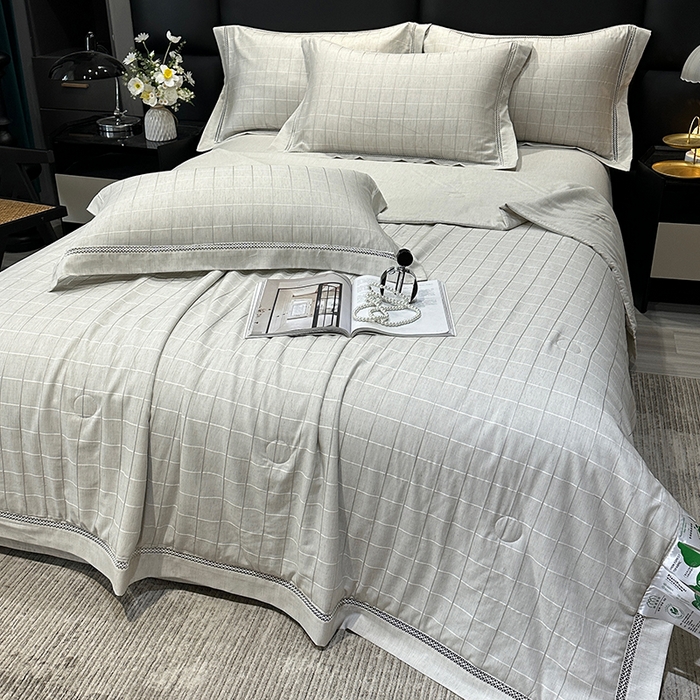 91家纺网 家纺一手货源 找家纺 欧夏 2026新款莱赛尔亚麻天丝麻方格提花镂空夏被空调被夏凉被夏季薄被子直播供货外贸（独立手提袋包装） 绅士灰