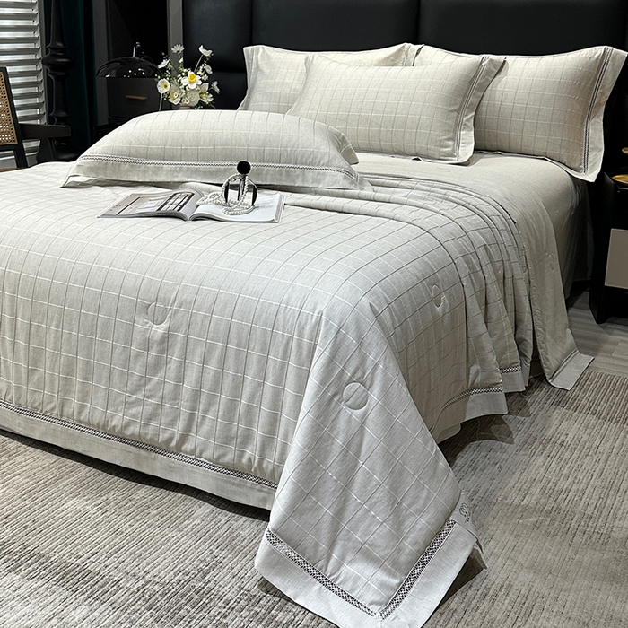 91家纺网 家纺一手货源 找家纺 欧夏 2026新款莱赛尔亚麻天丝麻方格提花镂空夏被空调被夏凉被夏季薄被子直播供货外贸（独立手提袋包装） 绅士灰