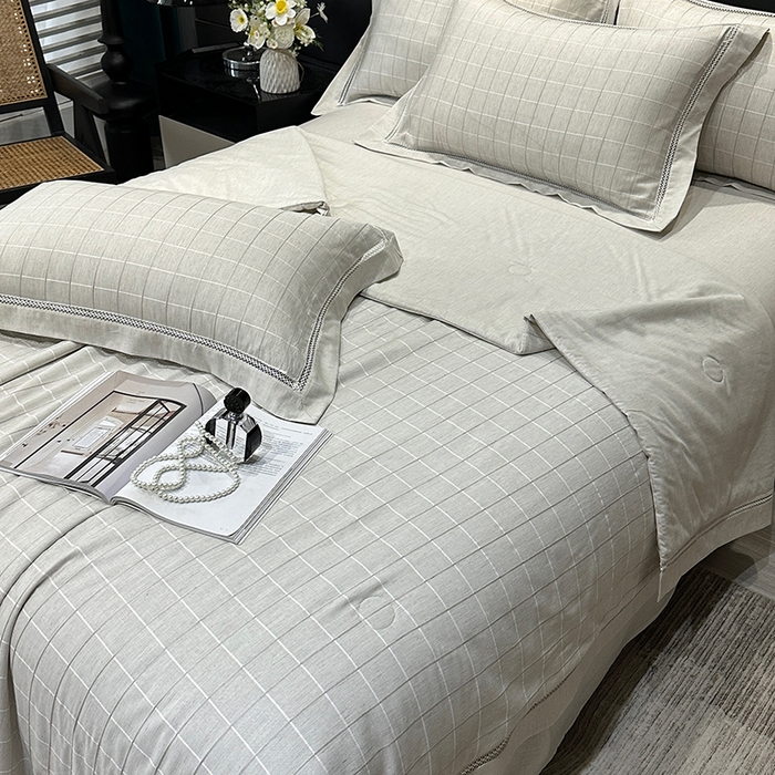 91家纺网 家纺一手货源 找家纺 欧夏 2026新款莱赛尔亚麻天丝麻方格提花镂空夏被空调被夏凉被夏季薄被子直播供货外贸（独立手提袋包装） 绅士灰