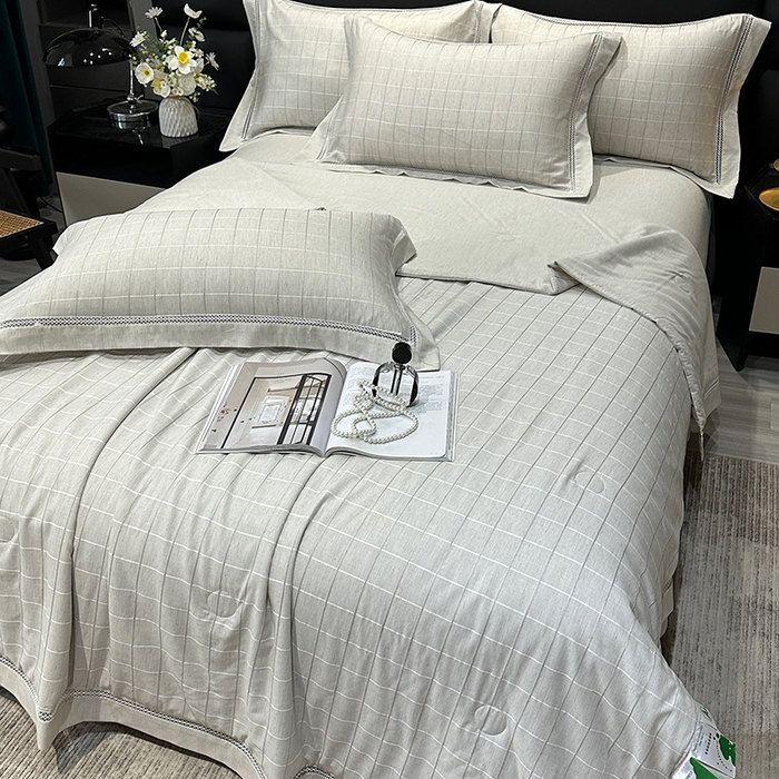 91家纺网 家纺一手货源 找家纺 欧夏 2026新款莱赛尔亚麻天丝麻方格提花镂空夏被空调被夏凉被夏季薄被子直播供货外贸（独立手提袋包装） 绅士灰