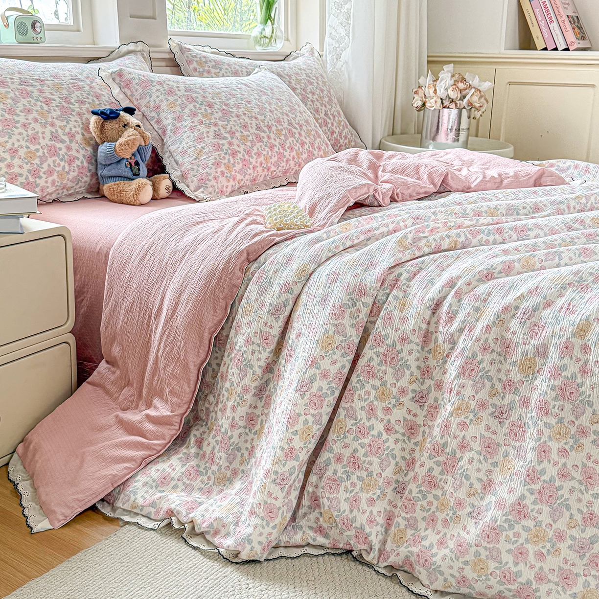 91家纺网 家纺一手货源 找家纺 梦纤绒 2026新款法式全棉花边夏被夏凉被空调被四件套 莫奈花园