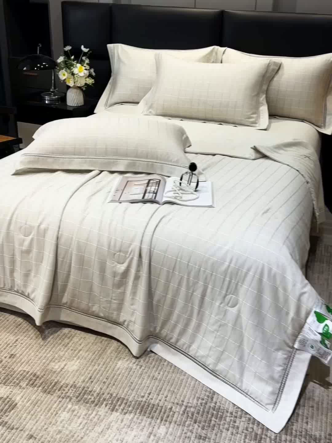 91家纺网 家纺一手货源 找家纺 欧夏 2026新款莱赛尔亚麻天丝麻方格提花镂空夏被空调被夏凉被夏季薄被子直播供货外贸（独立手提袋包装） 清新绿