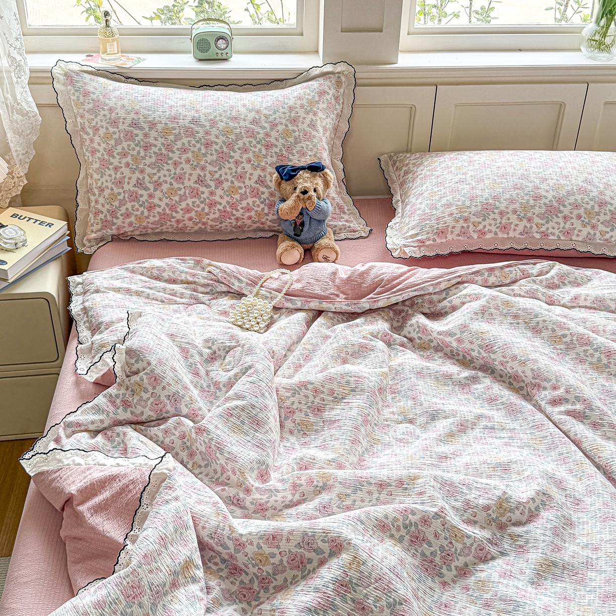 91家纺网 家纺一手货源 找家纺 梦纤绒 2026新款法式全棉花边夏被夏凉被空调被四件套 莫奈花园