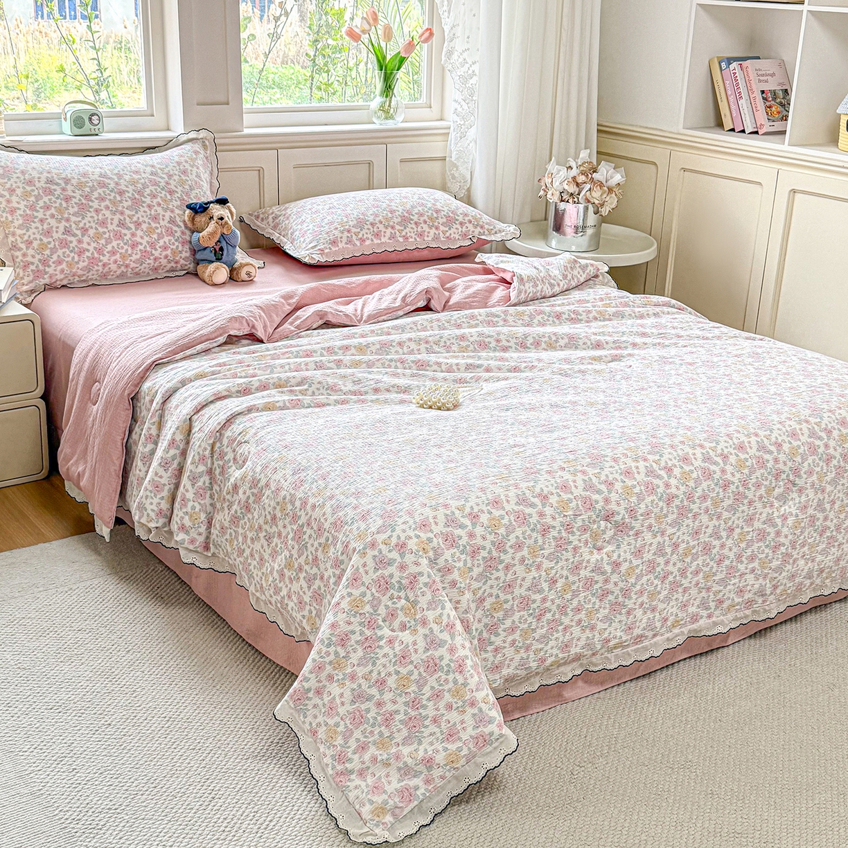 91家纺网 家纺一手货源 找家纺 梦纤绒 2026新款法式全棉花边夏被夏凉被空调被四件套 莫奈花园