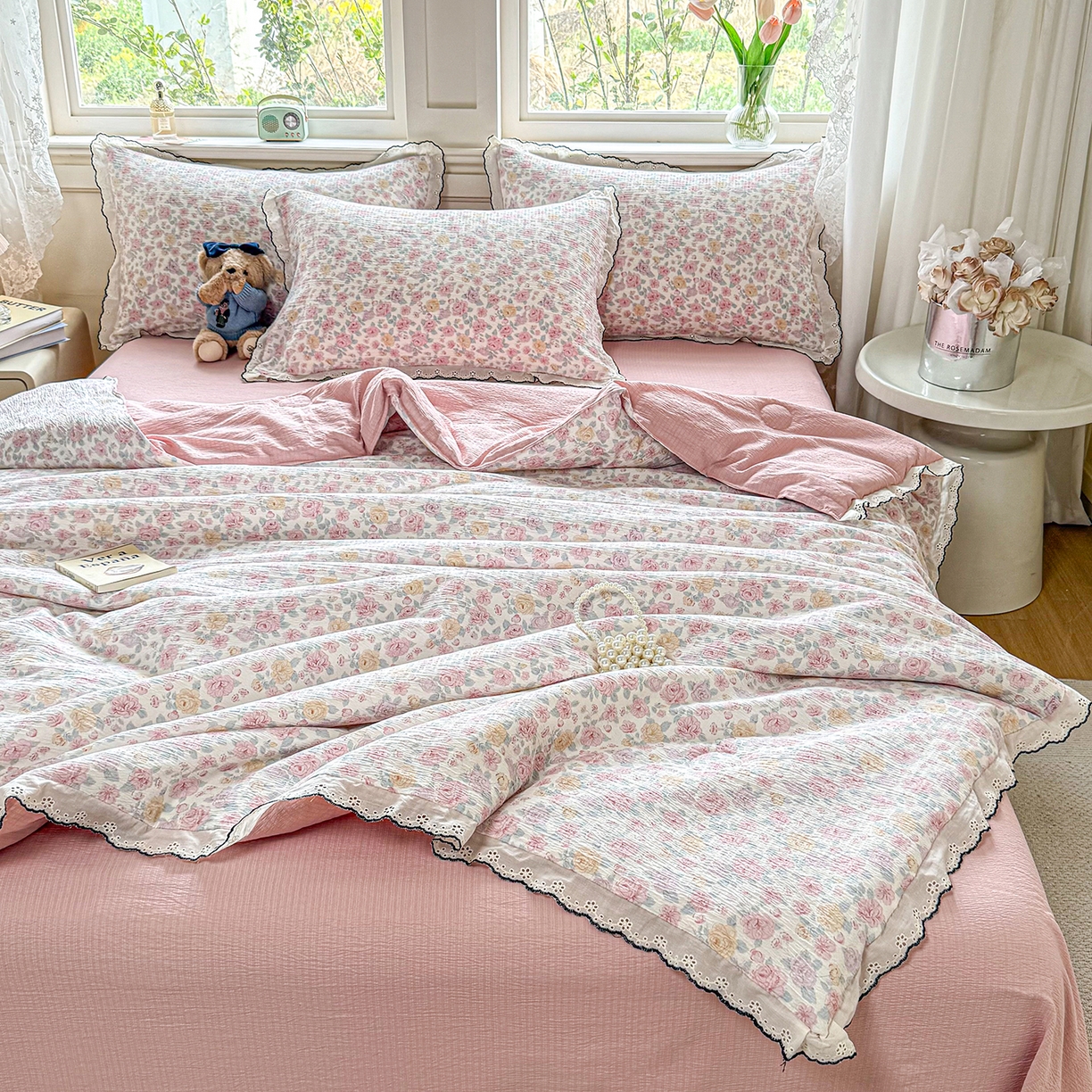 91家纺网 家纺一手货源 找家纺 梦纤绒 2026新款法式全棉花边夏被夏凉被空调被四件套 莫奈花园