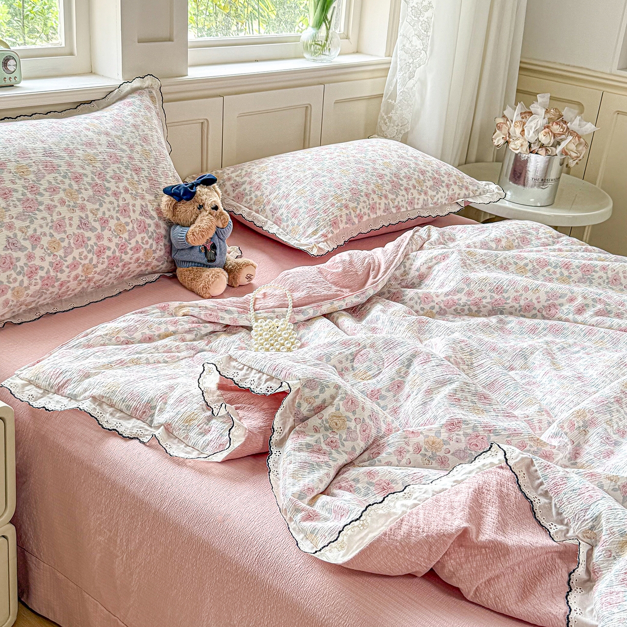 91家纺网 家纺一手货源 找家纺 梦纤绒 2026新款法式全棉花边夏被夏凉被空调被四件套 莫奈花园