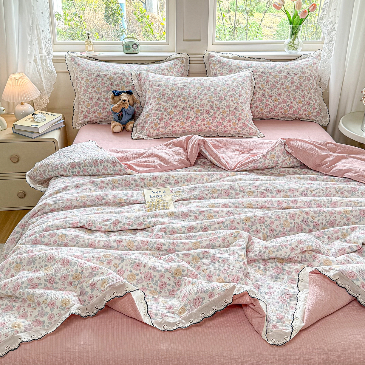 91家纺网 家纺一手货源 找家纺 梦纤绒 2026新款法式全棉花边夏被夏凉被空调被四件套 莫奈花园