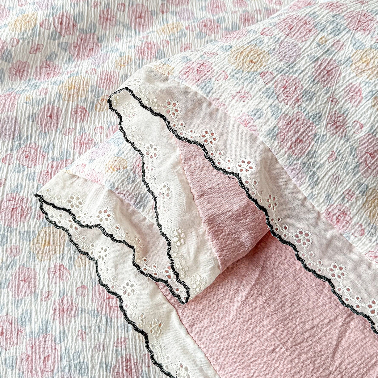 91家纺网 家纺一手货源 找家纺 梦纤绒 2026新款法式全棉花边夏被夏凉被空调被四件套 莫奈花园