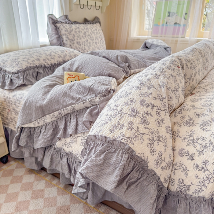 91家纺网 家纺一手货源 找家纺 （总）仟网汇 2026新款法式花边泡芙纱双层纱床单床盖夏被夏凉被空调被四件套密拷花边款