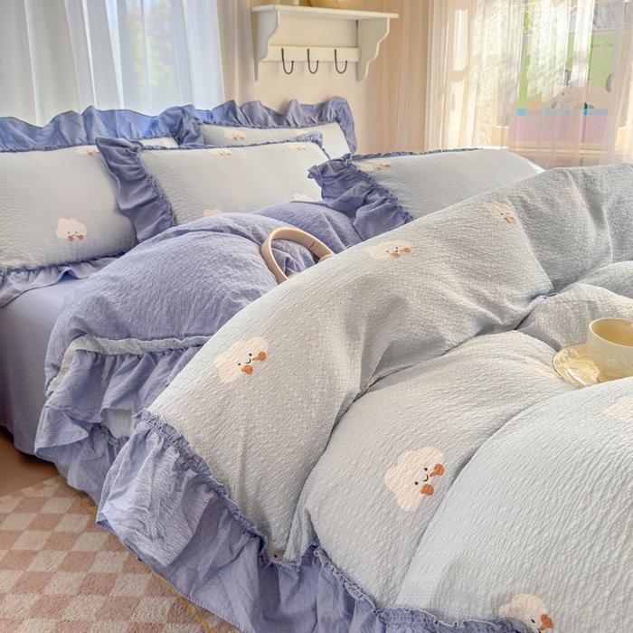 91家纺网 家纺一手货源 找家纺 （总）仟网汇 2026新款法式花边泡芙纱双层纱床单床盖夏被夏凉被空调被四件套密拷花边款