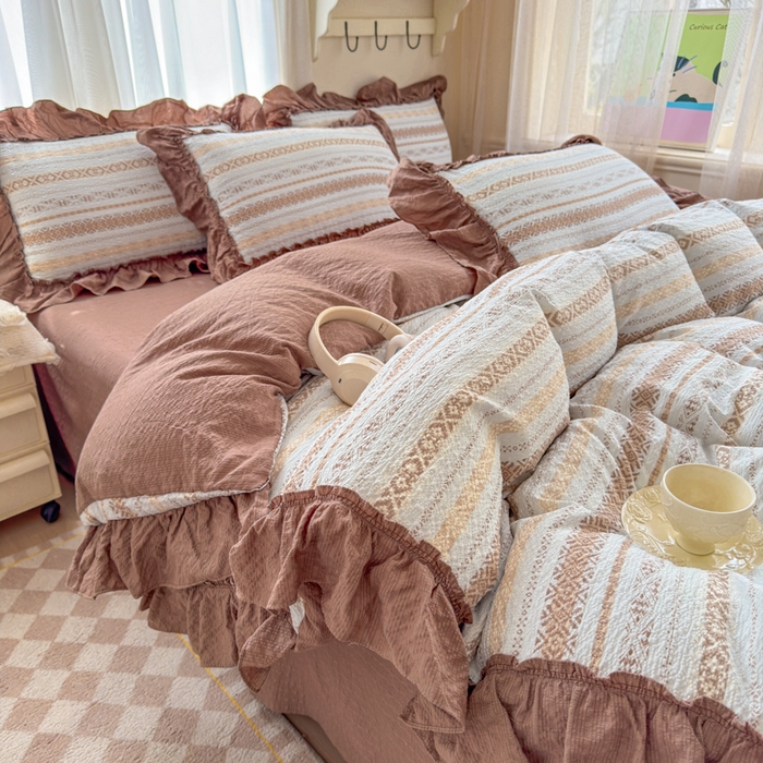 仟网汇 2026新款法式花边泡芙纱双层纱床单床盖夏被夏凉被空调被四件套密拷花边款 波西米亚