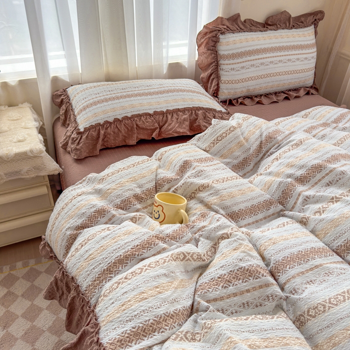 91家纺网 家纺一手货源 找家纺 仟网汇 2026新款法式花边泡芙纱双层纱床单床盖夏被夏凉被空调被四件套密拷花边款 波西米亚