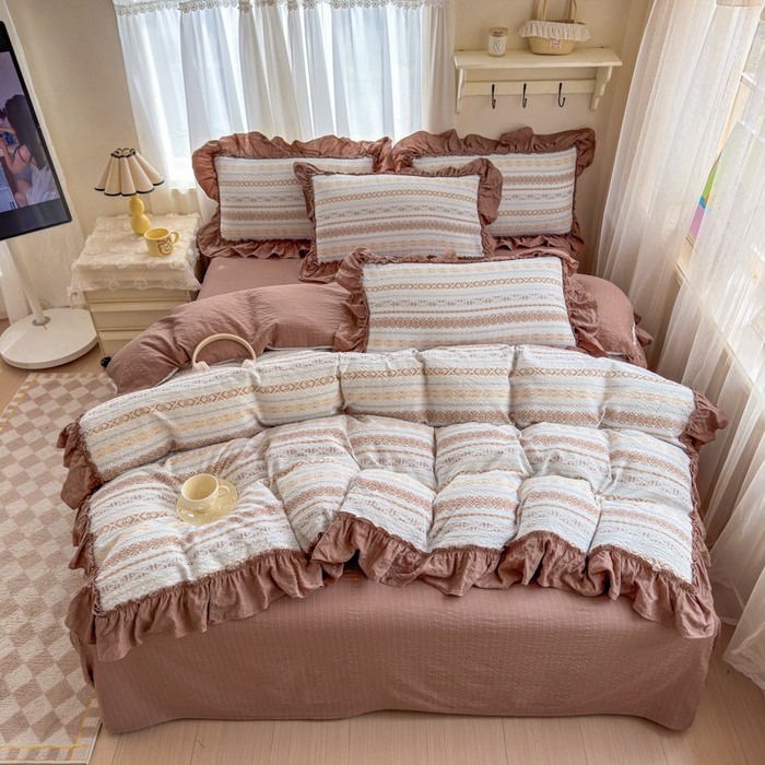 91家纺网 家纺一手货源 找家纺 仟网汇 2026新款法式花边泡芙纱双层纱床单床盖夏被夏凉被空调被四件套密拷花边款 波西米亚