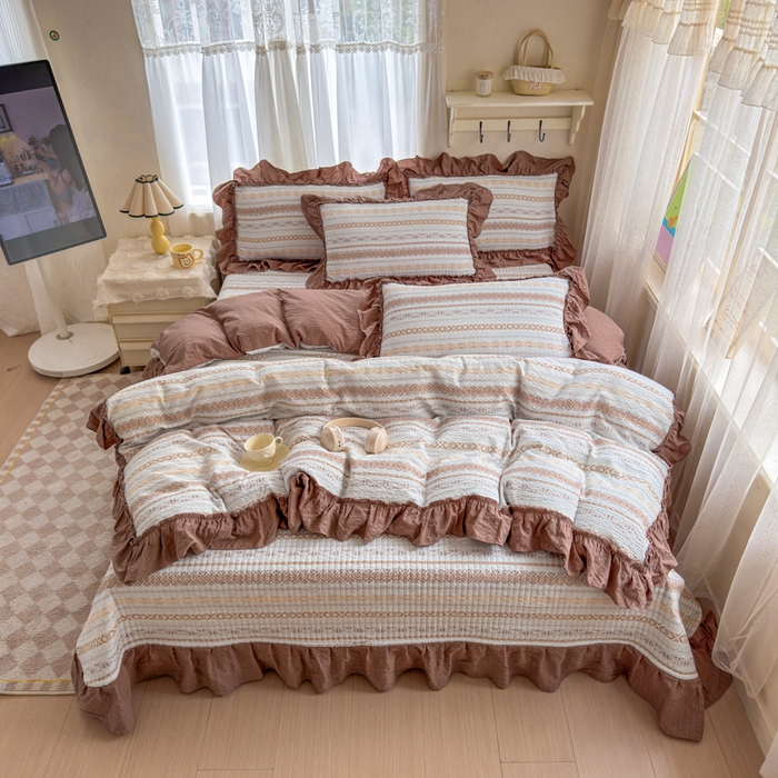 91家纺网 家纺一手货源 找家纺 仟网汇 2026新款法式花边泡芙纱双层纱床单床盖夏被夏凉被空调被四件套密拷花边款 波西米亚