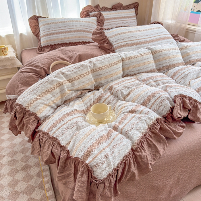 91家纺网 家纺一手货源 找家纺 仟网汇 2026新款法式花边泡芙纱双层纱床单床盖夏被夏凉被空调被四件套密拷花边款 波西米亚