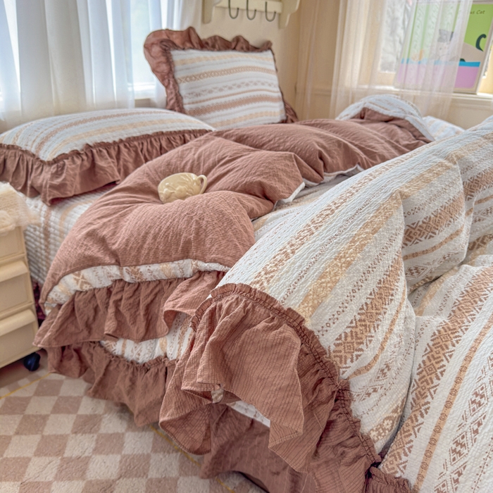 91家纺网 家纺一手货源 找家纺 仟网汇 2026新款法式花边泡芙纱双层纱床单床盖夏被夏凉被空调被四件套密拷花边款 波西米亚