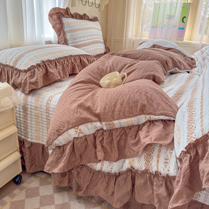 91家纺网 家纺一手货源 找家纺 仟网汇 2026新款法式花边泡芙纱双层纱床单床盖夏被夏凉被空调被四件套密拷花边款 波西米亚