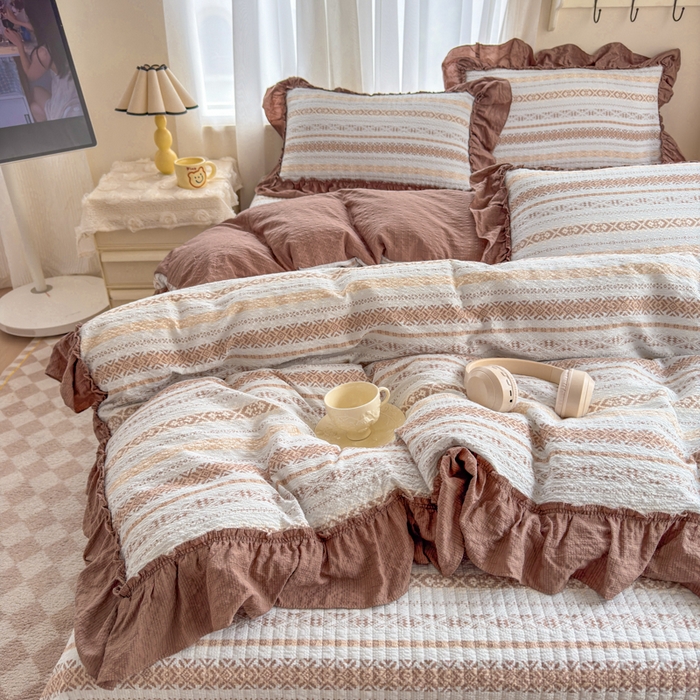 91家纺网 家纺一手货源 找家纺 仟网汇 2026新款法式花边泡芙纱双层纱床单床盖夏被夏凉被空调被四件套密拷花边款 波西米亚