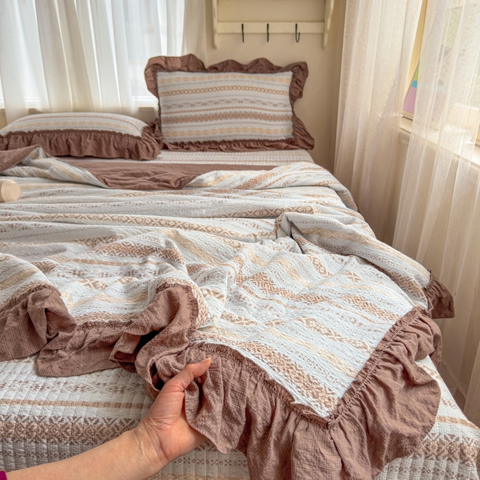 91家纺网 家纺一手货源 找家纺 仟网汇 2026新款法式花边泡芙纱双层纱床单床盖夏被夏凉被空调被四件套密拷花边款 波西米亚