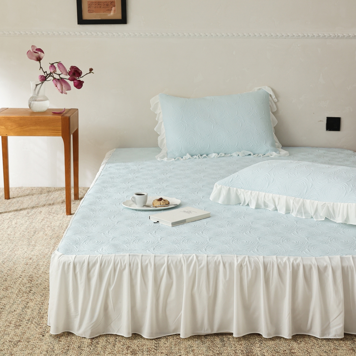 三味舒屋 2026新款PE凉感冰豆豆床裙款三件套-夏梦玫瑰 夏梦蓝