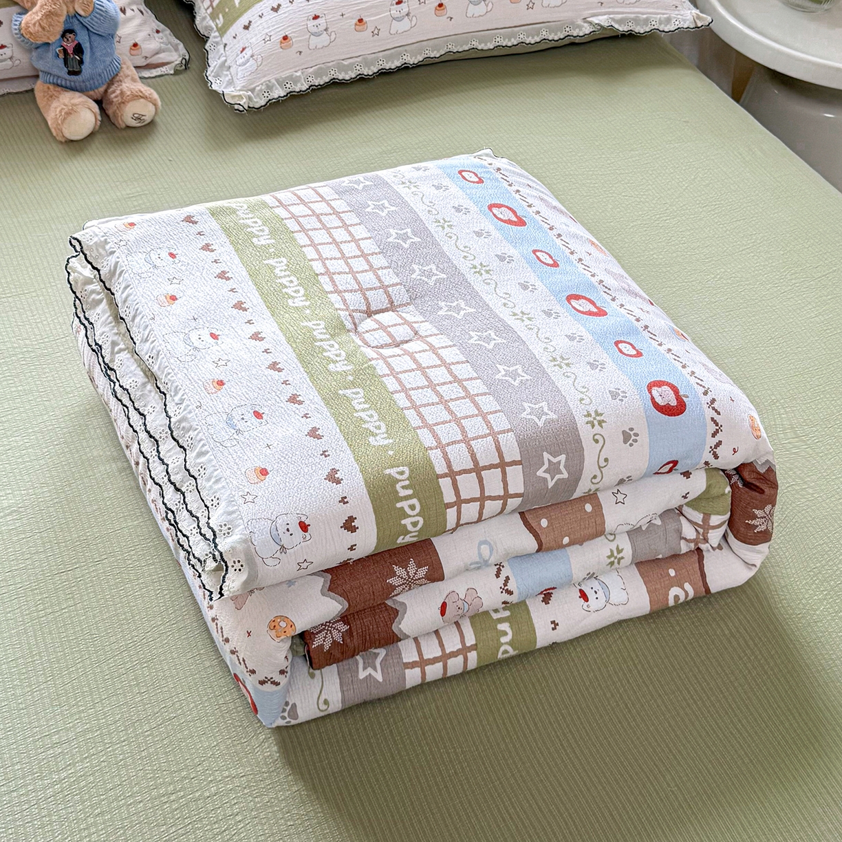 91家纺网 家纺一手货源 找家纺 梦纤绒 2026新款法式全棉花边夏被夏凉被空调被四件套 奶狗乐园