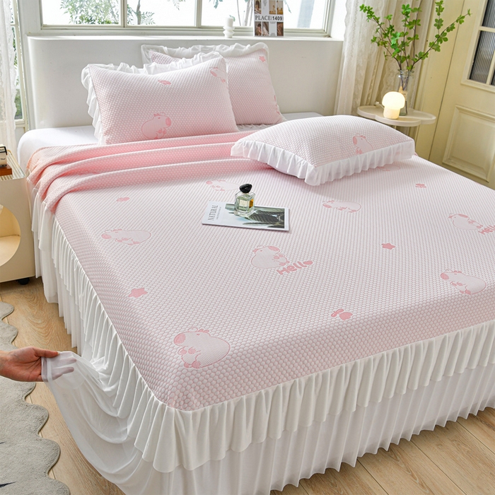 91家纺网 家纺一手货源 找家纺 （总）梦之星 2026春夏新款400克A类提花冰豆豆凉感床裙款凉席三件套席子空调软席 