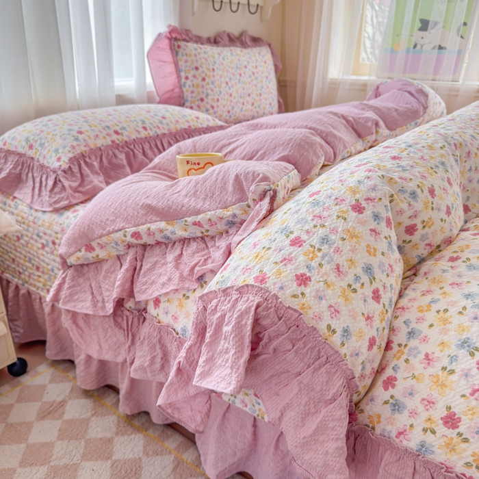 仟网汇 2026新款法式花边泡芙纱双层纱床单床盖夏被夏凉被空调被四件套密拷花边款 春日花花