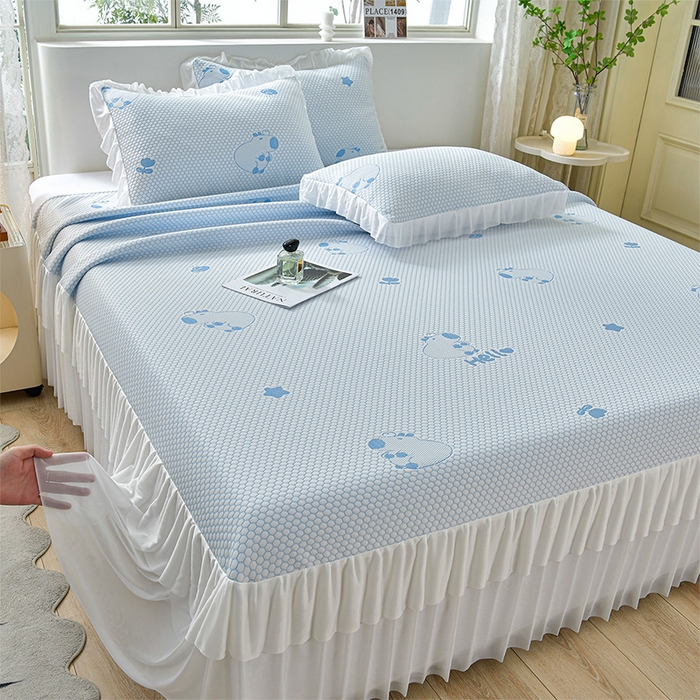 91家纺网 家纺一手货源 找家纺 （总）梦之星 2026春夏新款400克A类提花冰豆豆凉感床裙款凉席三件套席子空调软席 