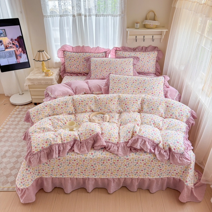 91家纺网 家纺一手货源 找家纺 仟网汇 2026新款法式花边泡芙纱双层纱床单床盖夏被夏凉被空调被四件套密拷花边款 春日花花