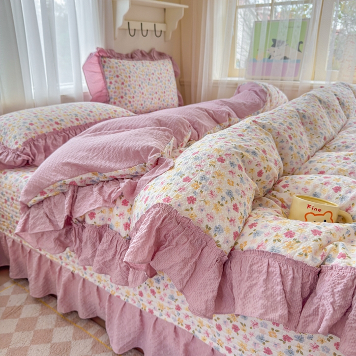 91家纺网 家纺一手货源 找家纺 仟网汇 2026新款法式花边泡芙纱双层纱床单床盖夏被夏凉被空调被四件套密拷花边款 春日花花