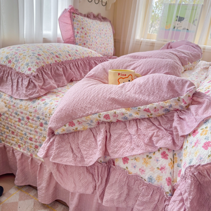 91家纺网 家纺一手货源 找家纺 仟网汇 2026新款法式花边泡芙纱双层纱床单床盖夏被夏凉被空调被四件套密拷花边款 春日花花