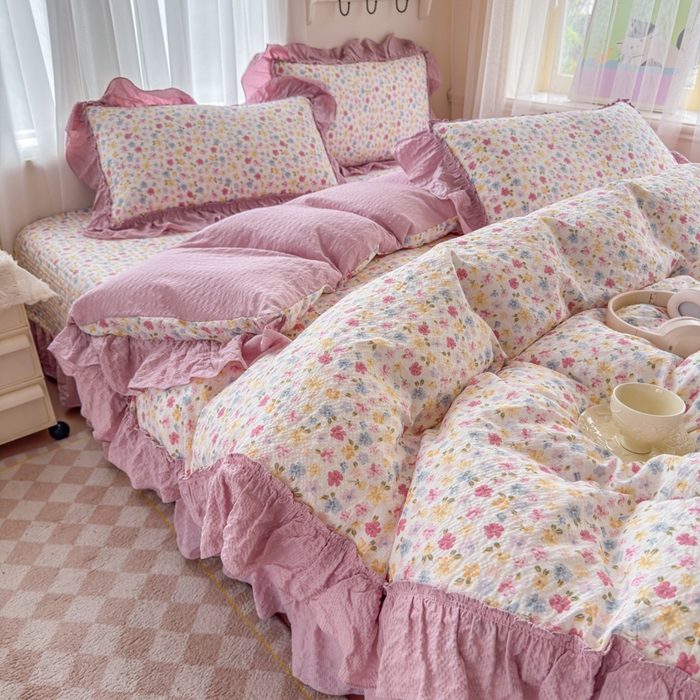 91家纺网 家纺一手货源 找家纺 仟网汇 2026新款法式花边泡芙纱双层纱床单床盖夏被夏凉被空调被四件套密拷花边款 春日花花