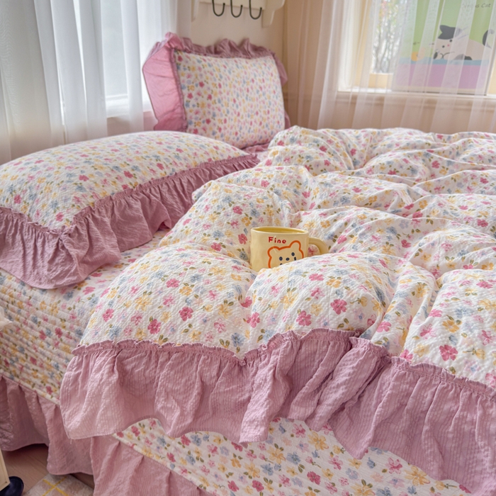 91家纺网 家纺一手货源 找家纺 仟网汇 2026新款法式花边泡芙纱双层纱床单床盖夏被夏凉被空调被四件套密拷花边款 春日花花